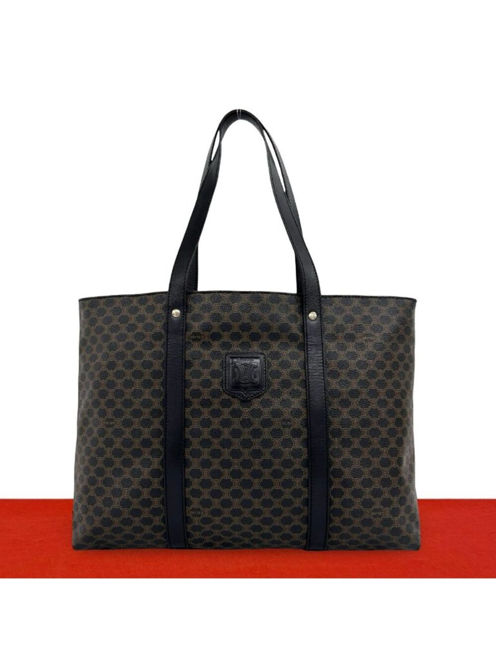 Celine Vintage Macadam Blason Pattern Triomphe Leather Tote Shoulder Bag Black
